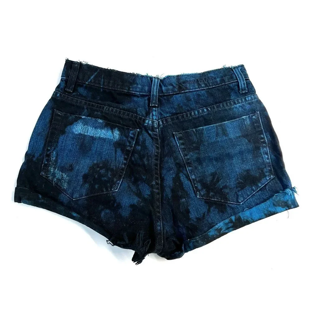 CARMAR Blue Black Tie Dye Cut Off Shorts Size 28 Jean Denim Acid Wash Distressed